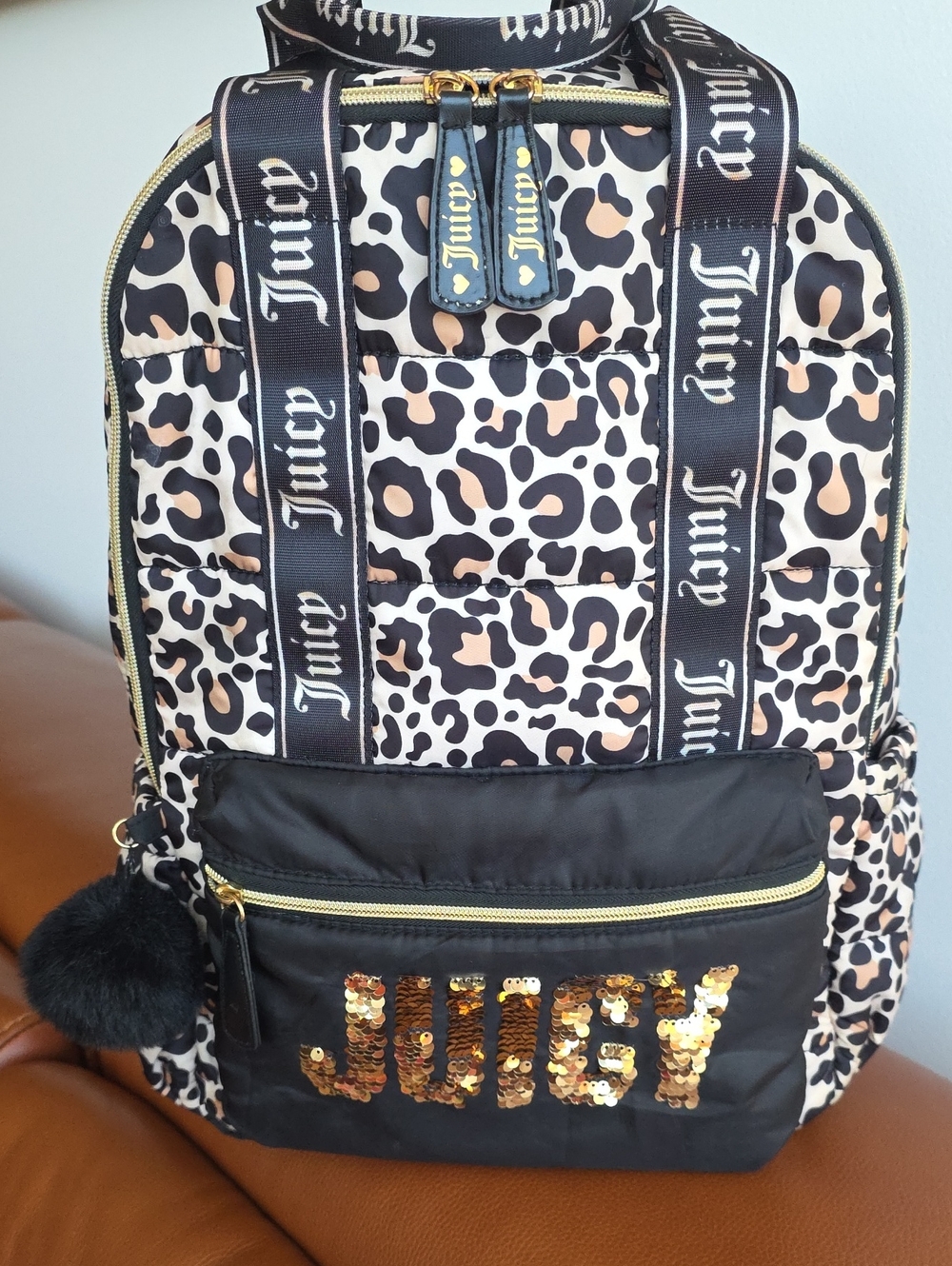 JUICY COUTURE Large Leopard Print Quilted Backpack With Gold Sequin Logo
